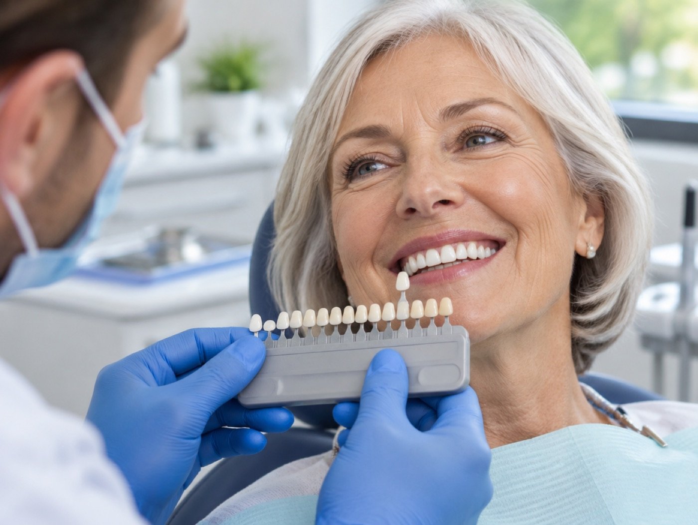 Dental crowns being shade-matched (illustration)