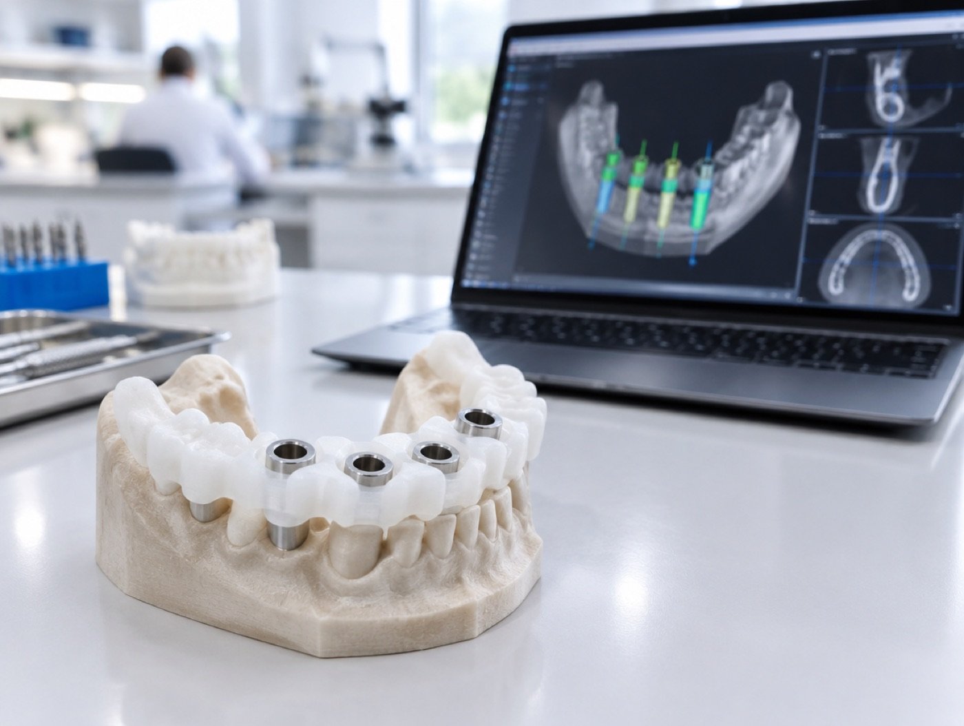 Printed surgical guide on a jaw model (illustration)
