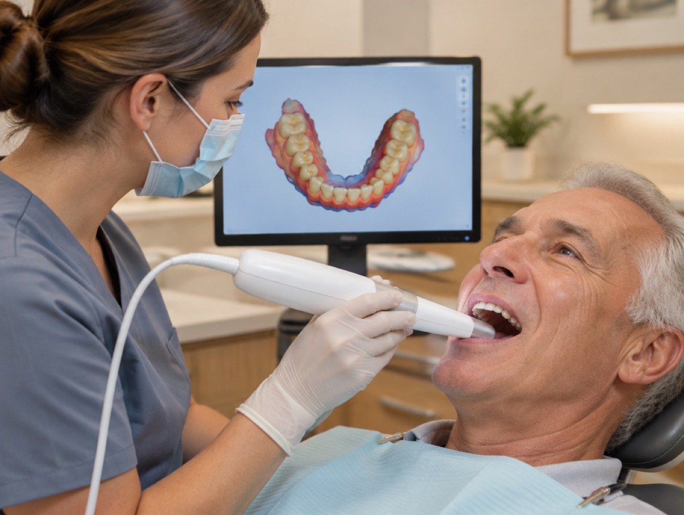 Dentist taking an intraoral scan (illustration)